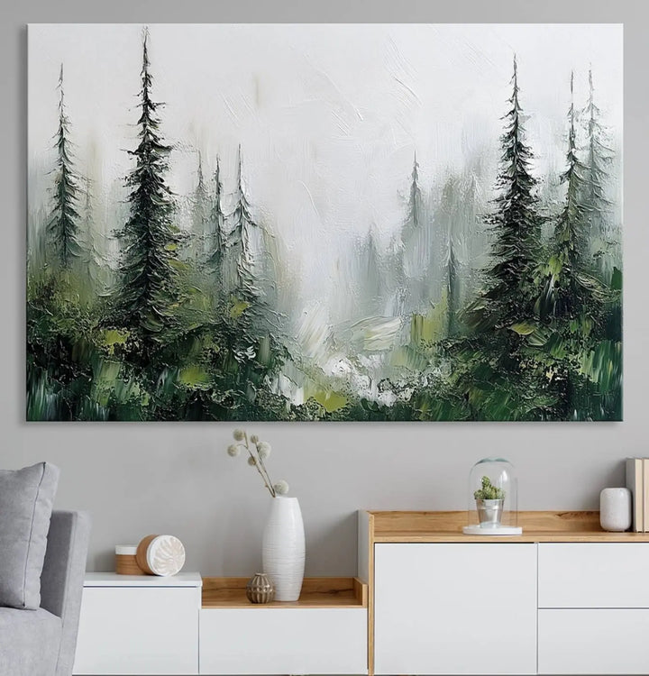 Framed Abstract Forest Canvas Wall Art Print - Green and White Woodland Printing - Nature Artwork for Home or Office Decor