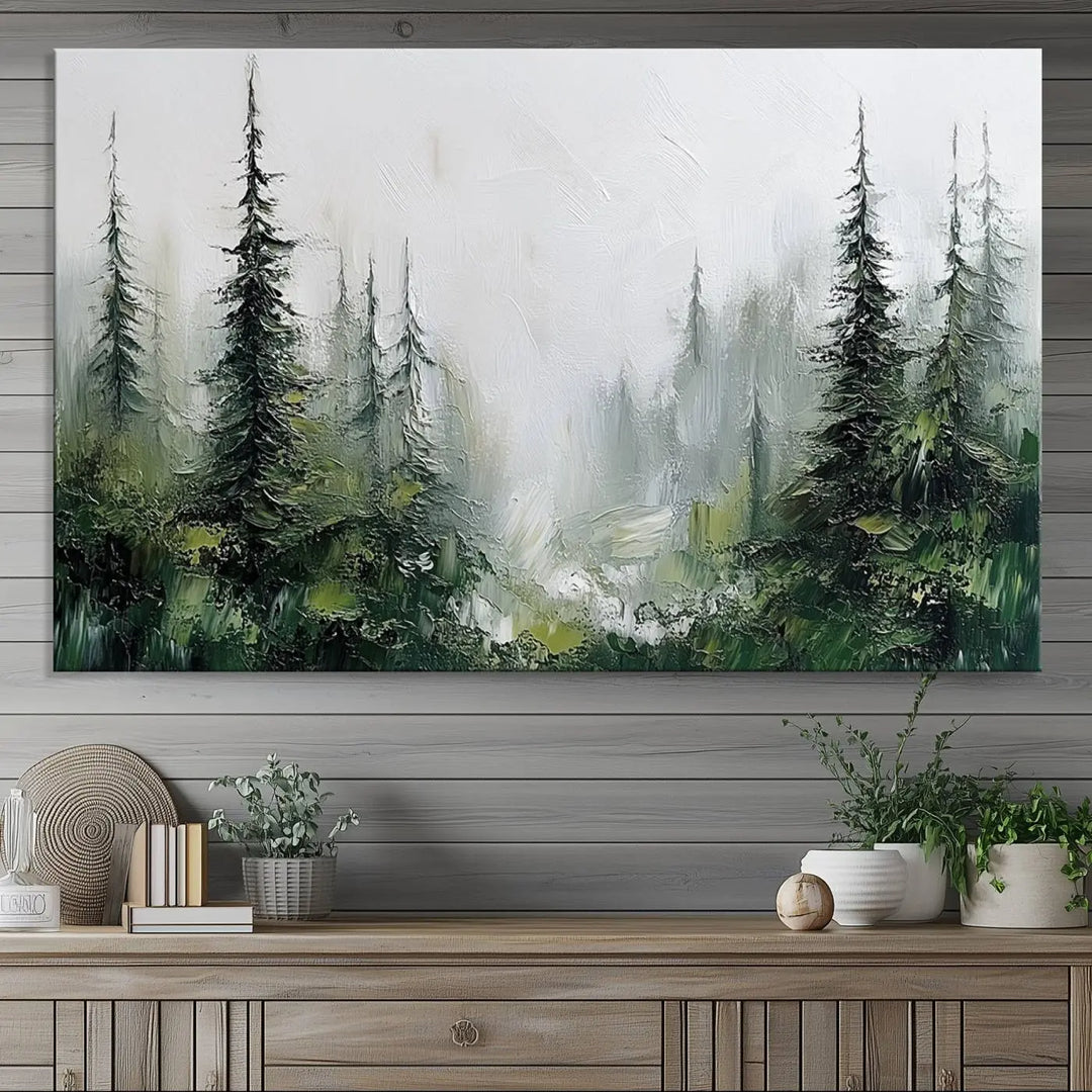 Framed Abstract Forest Canvas Wall Art Print - Green and White Woodland Printing - Nature Artwork for Home or Office Decor