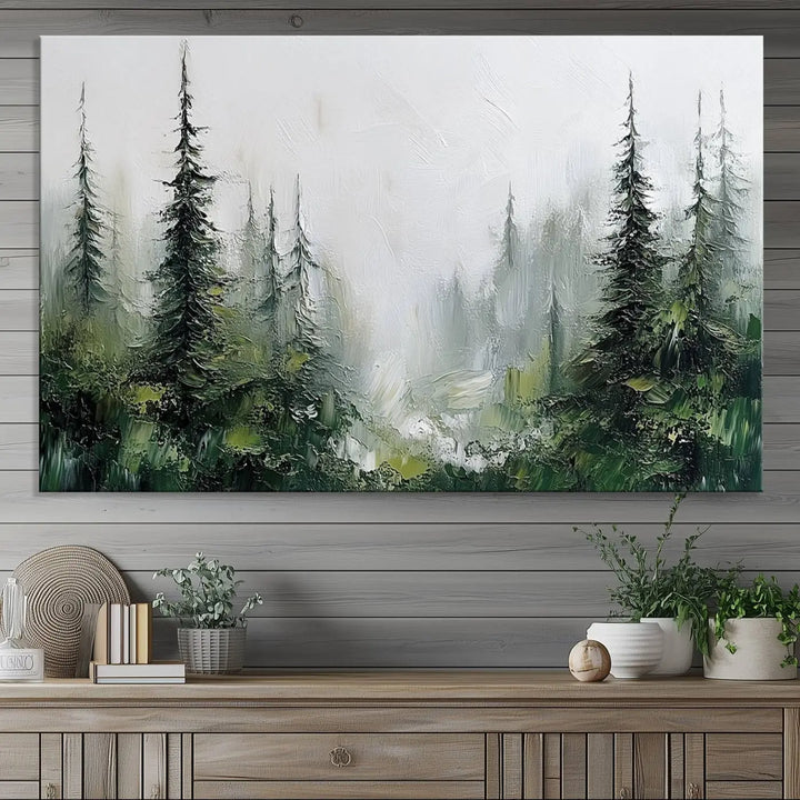 Framed Abstract Forest Canvas Wall Art Print - Green and White Woodland Printing - Nature Artwork for Home or Office Decor