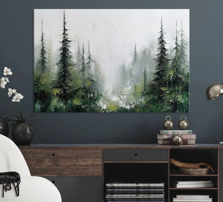 Framed Abstract Forest Canvas Wall Art Print - Green and White Woodland Printing - Nature Artwork for Home or Office Decor