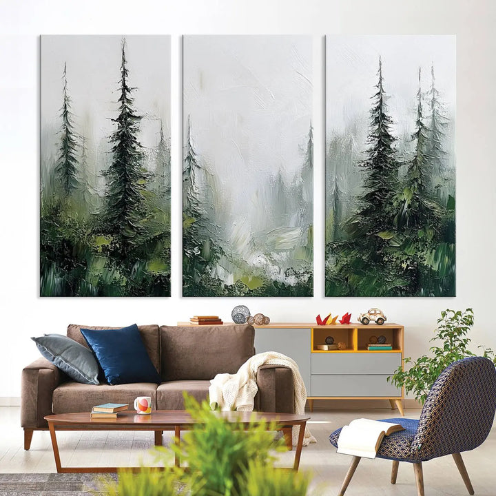 Framed Abstract Forest Canvas Wall Art Print - Green and White Woodland Printing - Nature Artwork for Home or Office Decor