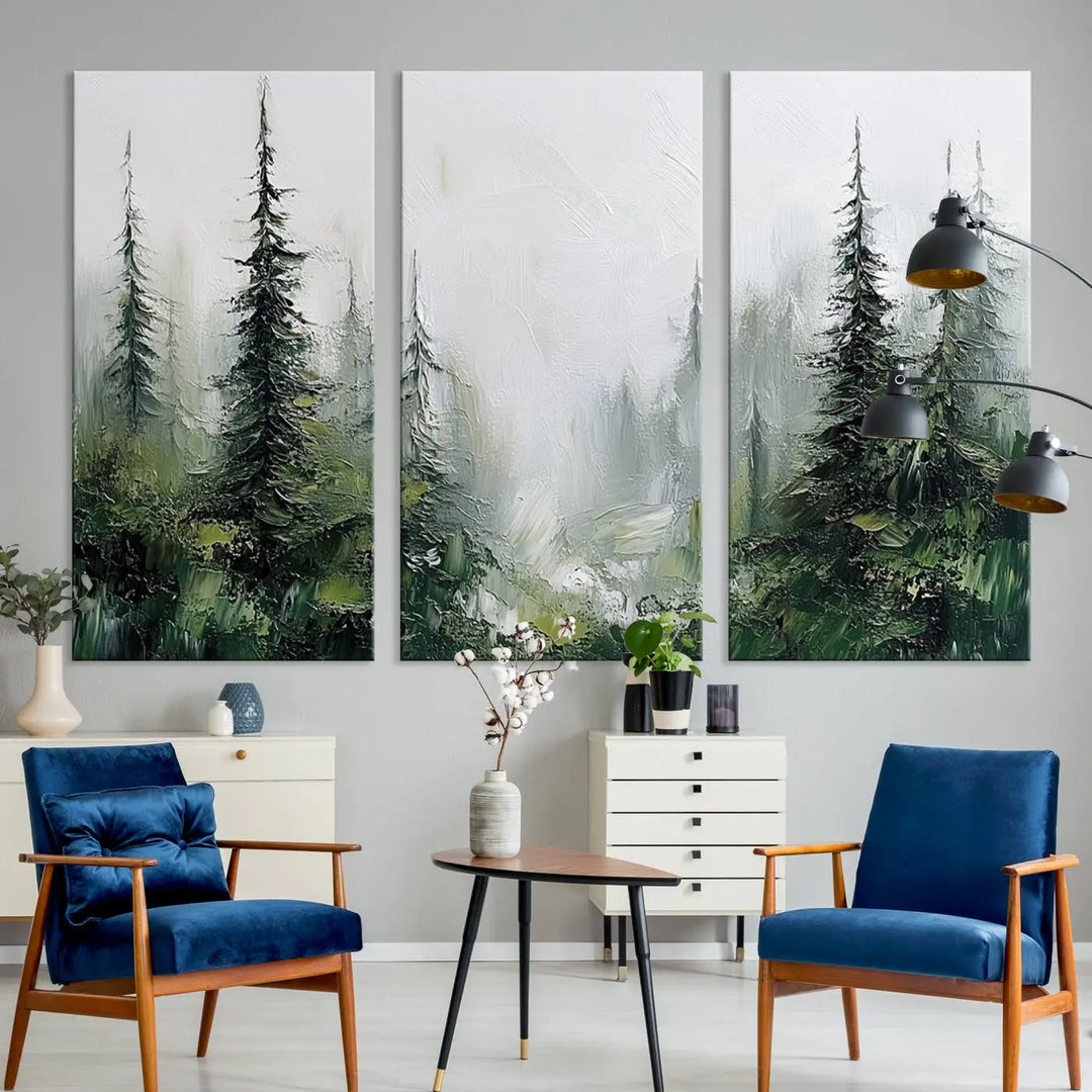 Framed Abstract Forest Canvas Wall Art Print - Green and White Woodland Printing - Nature Artwork for Home or Office Decor