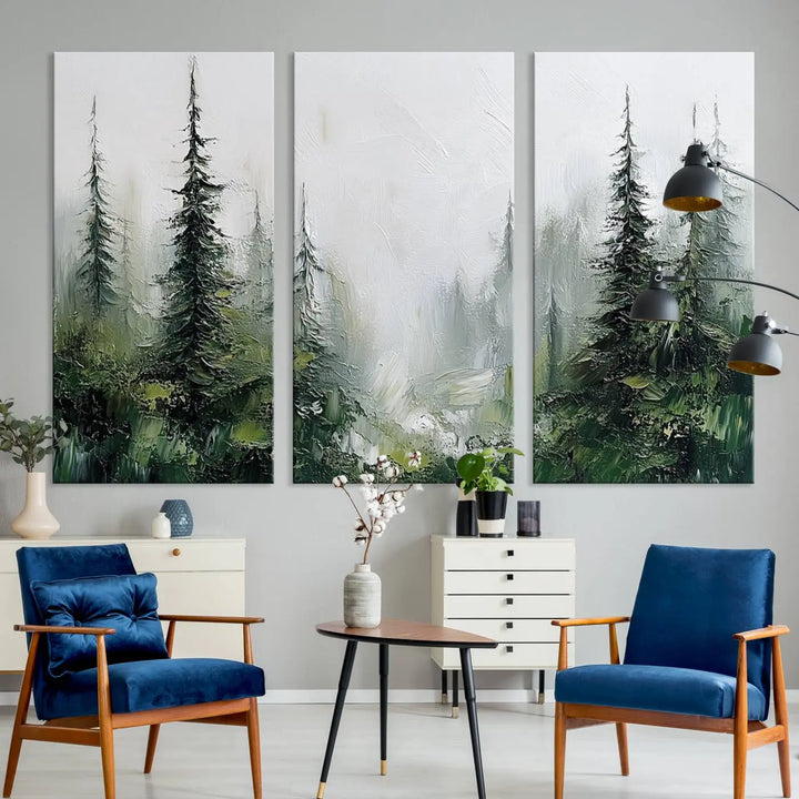 Framed Abstract Forest Canvas Wall Art Print - Green and White Woodland Printing - Nature Artwork for Home or Office Decor