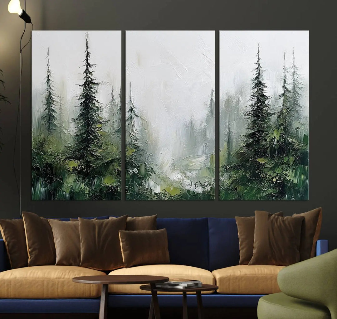 Framed Abstract Forest Canvas Wall Art Print - Green and White Woodland Printing - Nature Artwork for Home or Office Decor