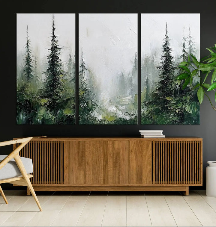 Framed Abstract Forest Canvas Wall Art Print - Green and White Woodland Printing - Nature Artwork for Home or Office Decor