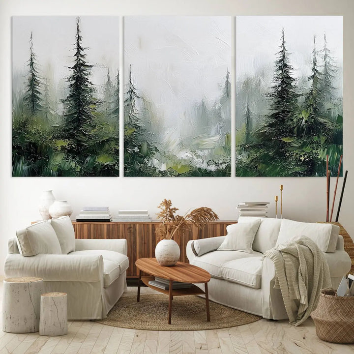 Framed Abstract Forest Canvas Wall Art Print - Green and White Woodland Printing - Nature Artwork for Home or Office Decor