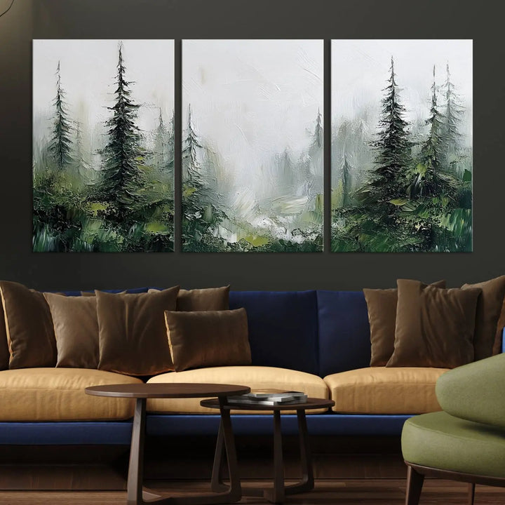 Framed Abstract Forest Canvas Wall Art Print - Green and White Woodland Printing - Nature Artwork for Home or Office Decor