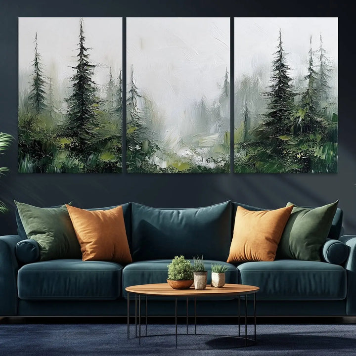 Framed Abstract Forest Canvas Wall Art Print - Green and White Woodland Printing - Nature Artwork for Home or Office Decor