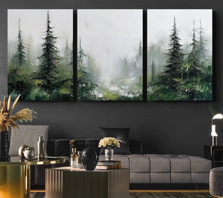 Framed Abstract Forest Canvas Wall Art Print - Green and White Woodland Printing - Nature Artwork for Home or Office Decor