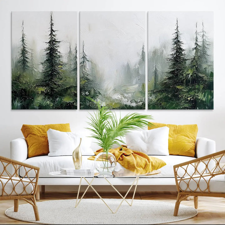 Framed Abstract Forest Canvas Wall Art Print - Green and White Woodland Printing - Nature Artwork for Home or Office Decor