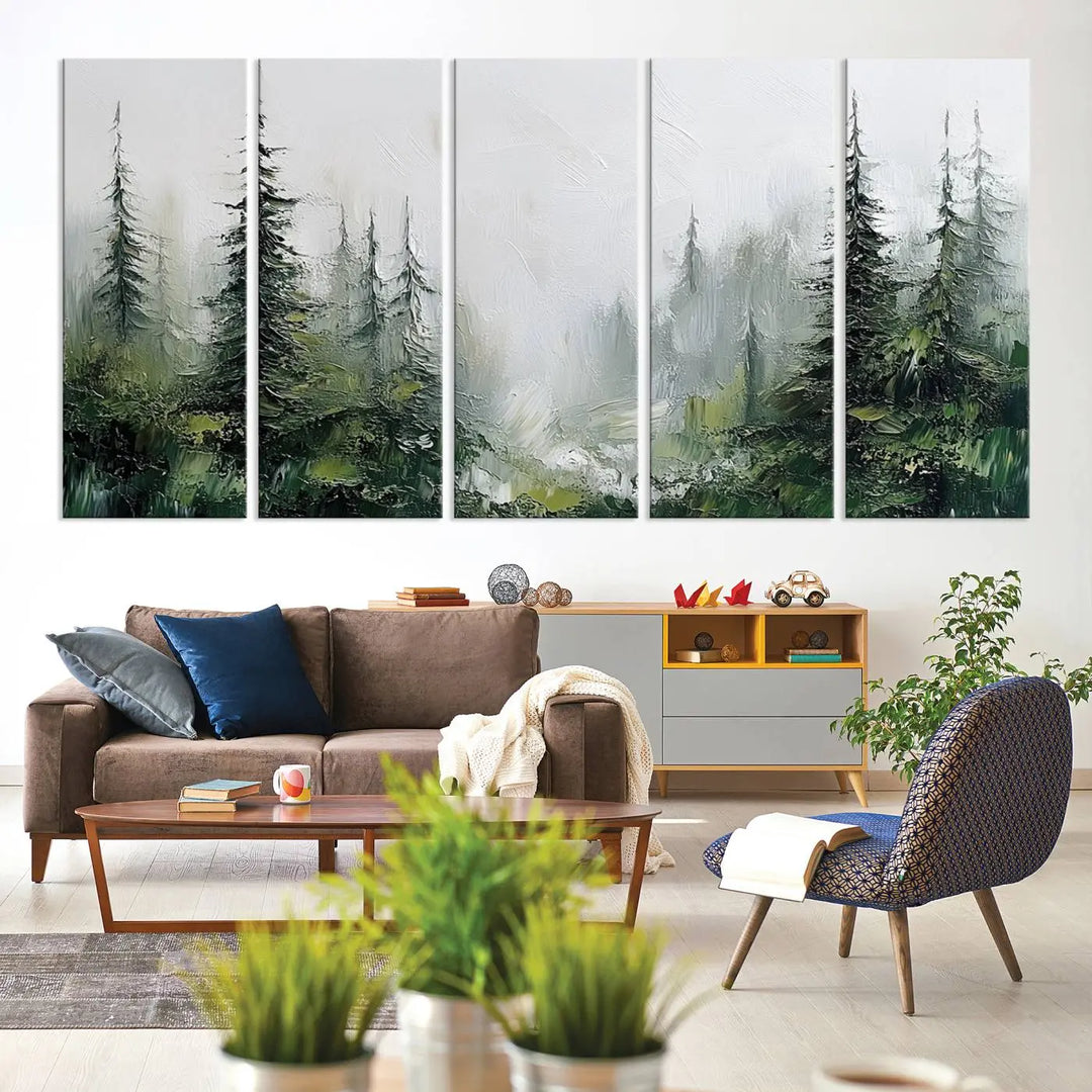 Framed Abstract Forest Canvas Wall Art Print - Green and White Woodland Printing - Nature Artwork for Home or Office Decor