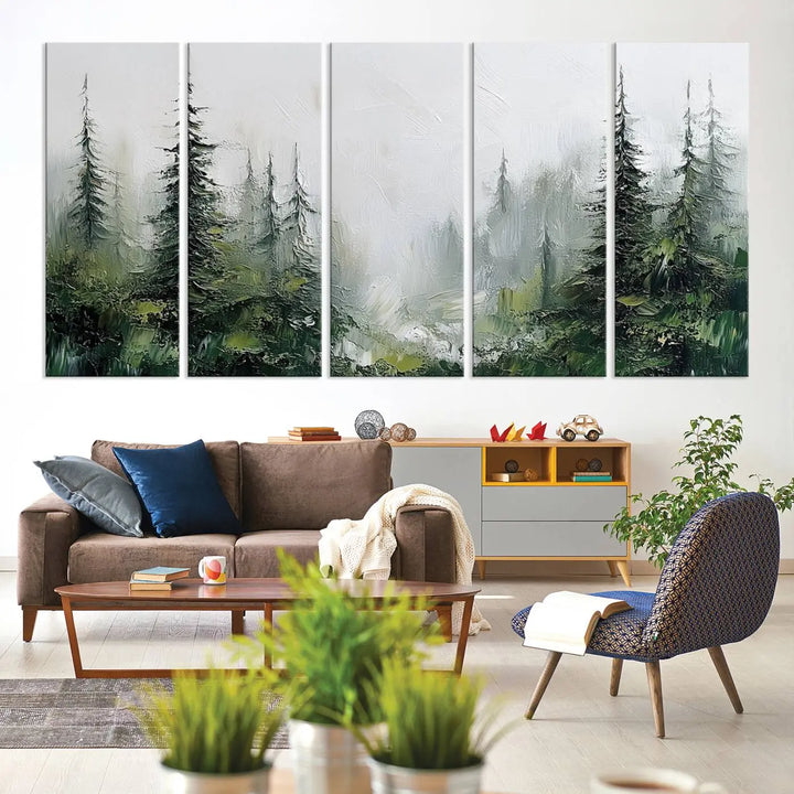 Framed Abstract Forest Canvas Wall Art Print - Green and White Woodland Printing - Nature Artwork for Home or Office Decor