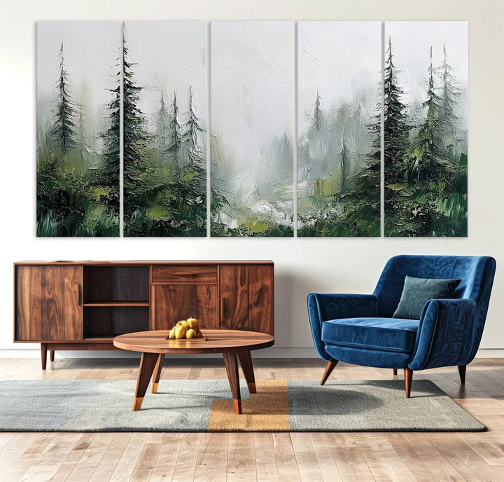 Framed Abstract Forest Canvas Wall Art Print - Green and White Woodland Printing - Nature Artwork for Home or Office Decor