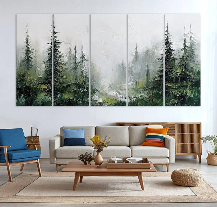 Framed Abstract Forest Canvas Wall Art Print - Green and White Woodland Printing - Nature Artwork for Home or Office Decor