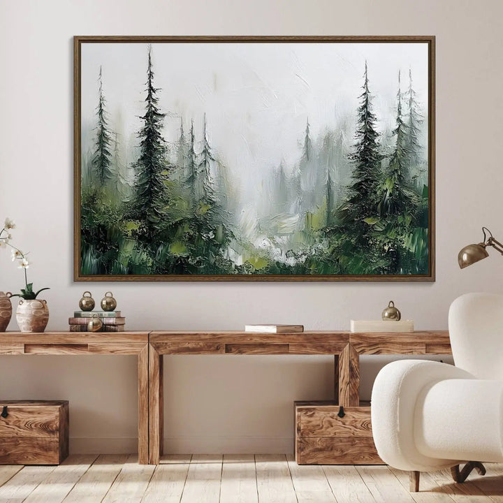 Framed Abstract Forest Canvas Wall Art Print - Green and White Woodland Printing - Nature Artwork for Home or Office Decor