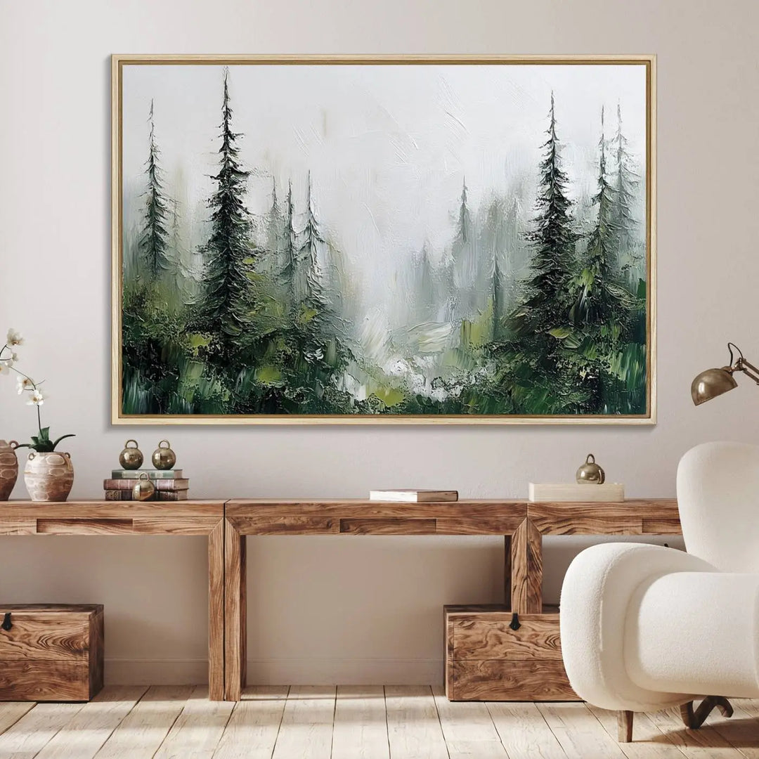 Framed Abstract Forest Canvas Wall Art Print - Green and White Woodland Printing - Nature Artwork for Home or Office Decor