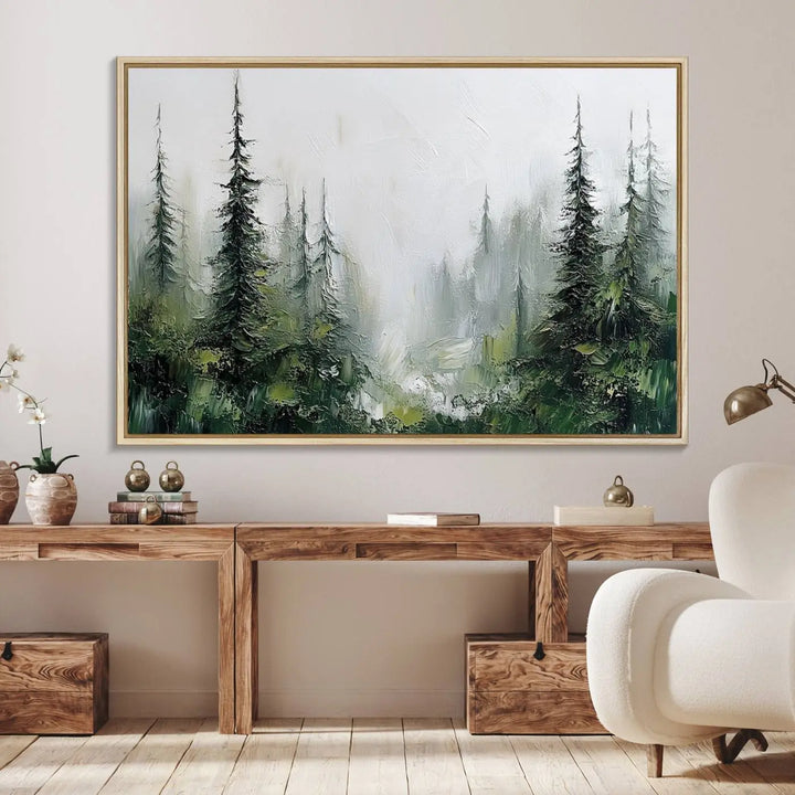 Framed Abstract Forest Canvas Wall Art Print - Green and White Woodland Printing - Nature Artwork for Home or Office Decor