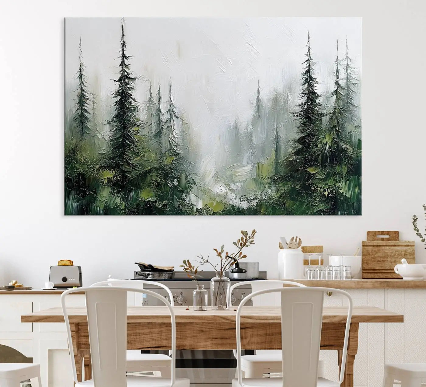 76014-MGV-CV-36X24-Abstract Forest Wall Art Canvas Print – Framed Green White Woodland Nature Scene Artwork for Home, Office Decor