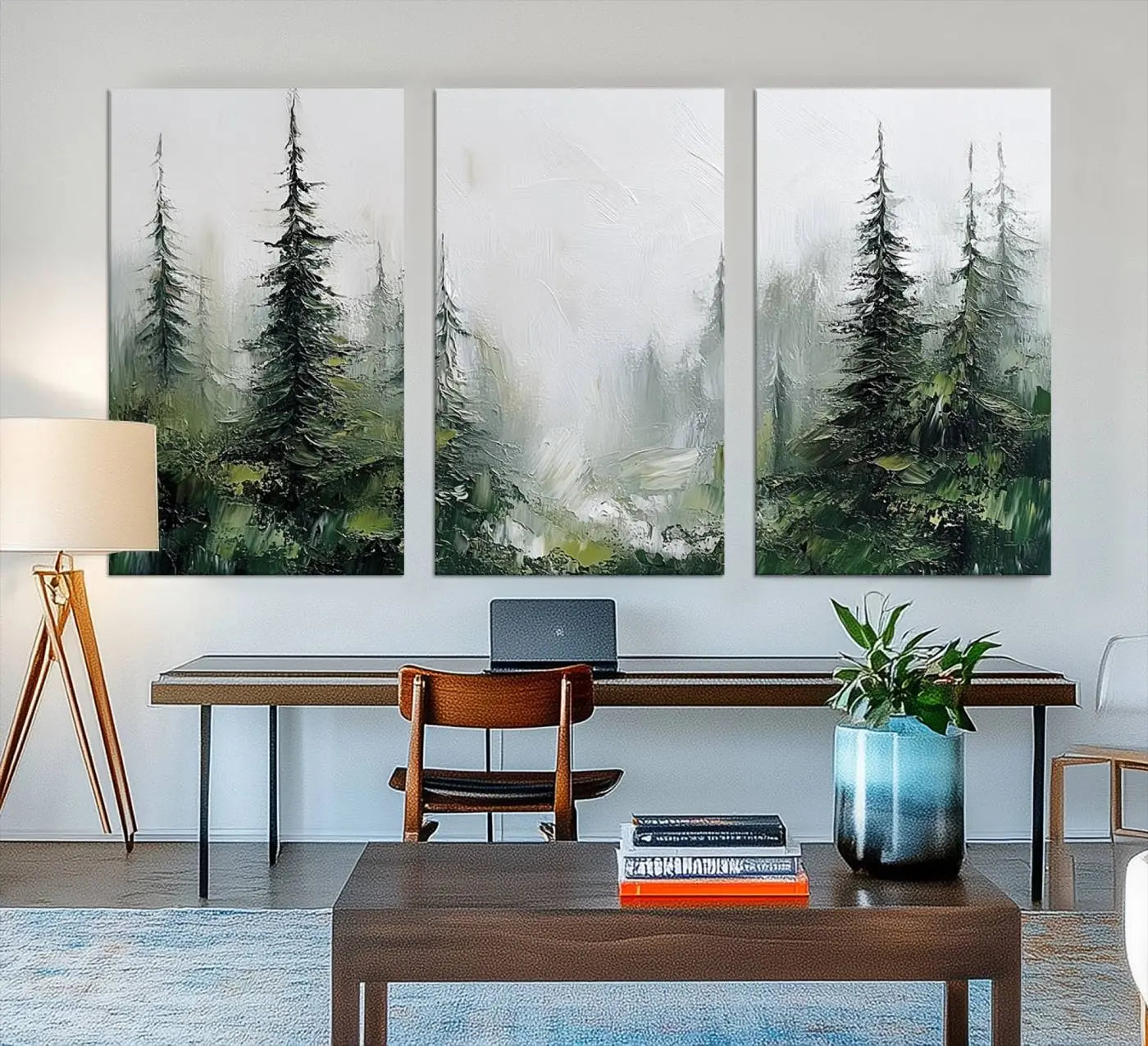 76014-MGV-CV-48X32-3P-Abstract Forest Wall Art Canvas Print – Framed Green White Woodland Nature Scene Artwork for Home, Office Decor