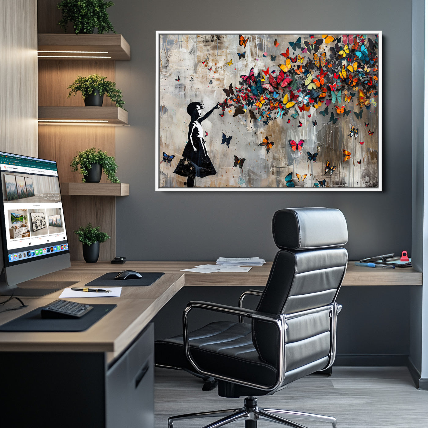 Framed Banksy Butterfly Girl Wall Art ,3-Piece Butterfly Girl Canvas, Modern Graffiti Canvas Print for Living Room Decor