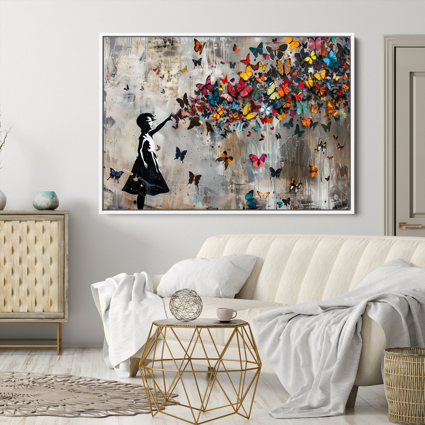 Framed Banksy Butterfly Girl Wall Art ,3-Piece Butterfly Girl Canvas, Modern Graffiti Canvas Print for Living Room Decor
