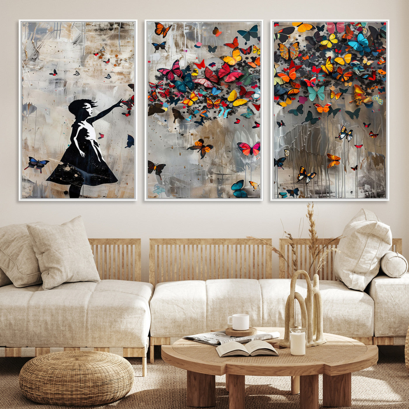 51446-MGV-CV-36X24-Framed Banksy Butterfly Girl Wall Art ,3-Piece Butterfly Girl Canvas, Modern Graffiti Canvas Print for Living Room Decor
