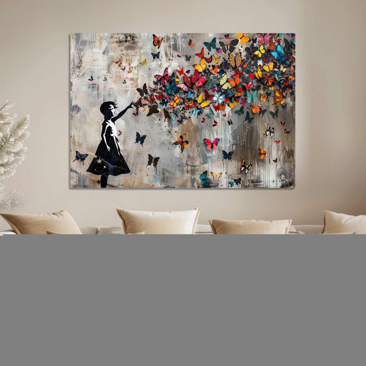 Framed Banksy Butterfly Girl Wall Art ,3-Piece Butterfly Girl Canvas, Modern Graffiti Canvas Print for Living Room Decor