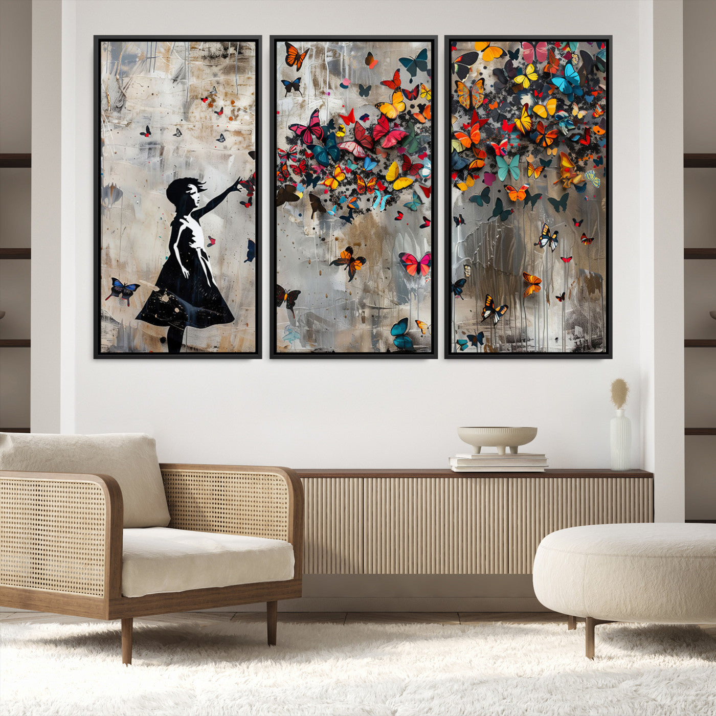 51446-MGV-FC-48X32-3P_Black-Framed Banksy Butterfly Girl Wall Art ,3-Piece Butterfly Girl Canvas, Modern Graffiti Canvas Print for Living Room Decor