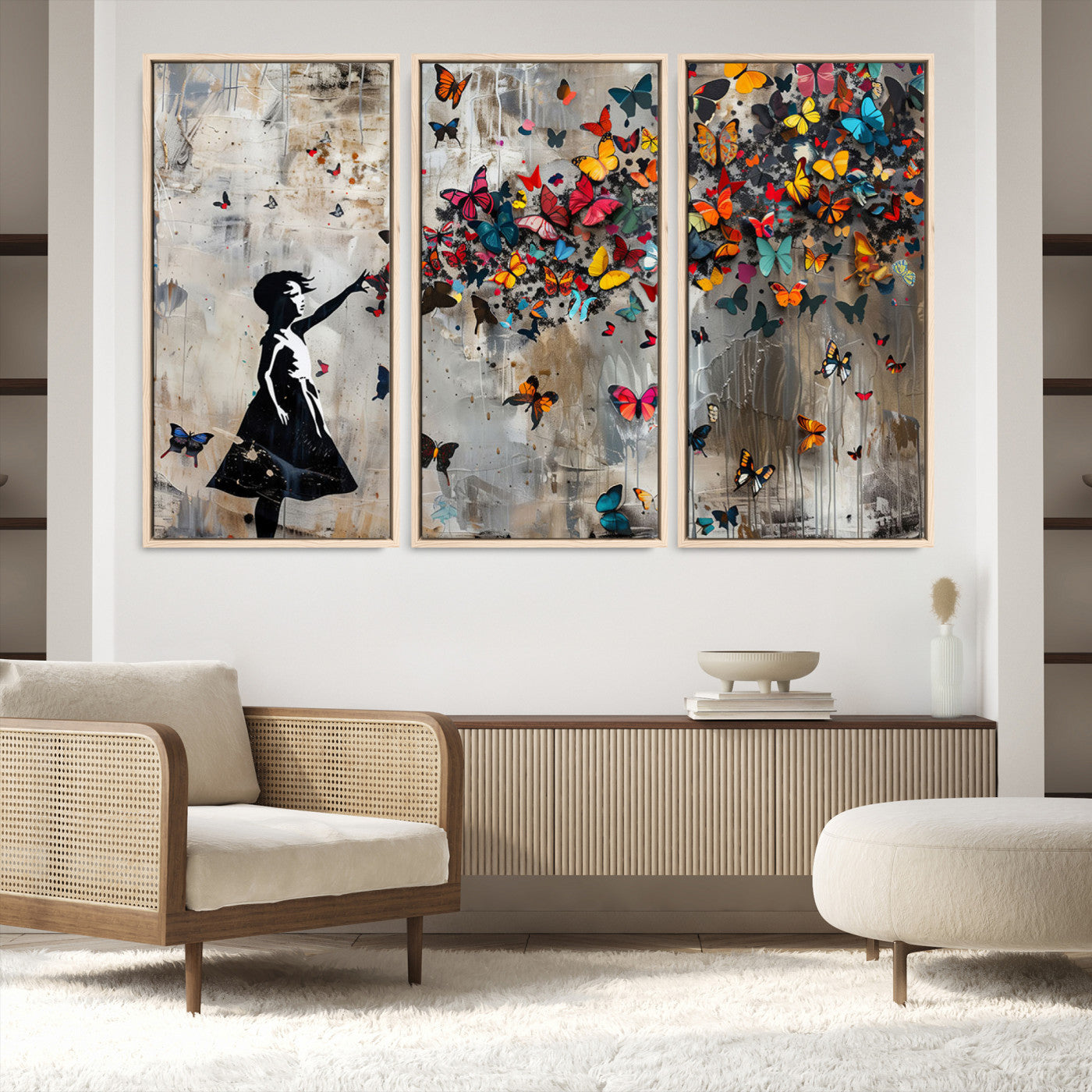51446-MGV-FC-48X32-3P_Natural-Framed Banksy Butterfly Girl Wall Art ,3-Piece Butterfly Girl Canvas, Modern Graffiti Canvas Print for Living Room Decor