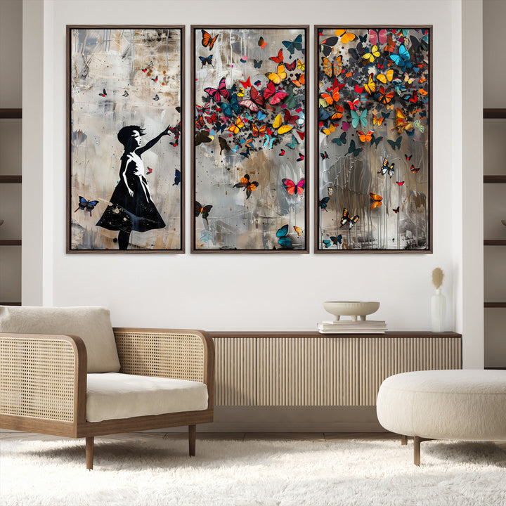 51446-MGV-FC-48X32-3P_Walnut-Framed Banksy Butterfly Girl Wall Art ,3-Piece Butterfly Girl Canvas, Modern Graffiti Canvas Print for Living Room Decor