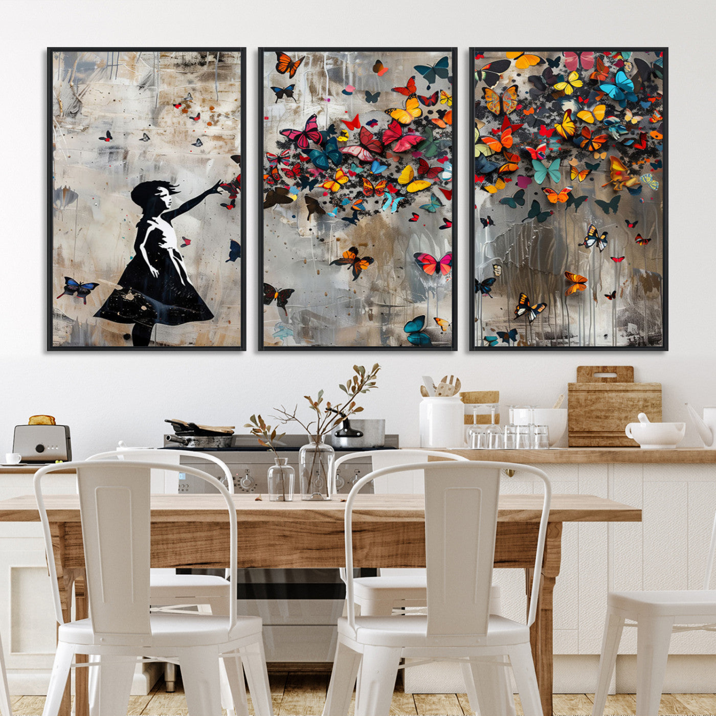 51446-MGV-FC-60X30-3P_Black-Framed Banksy Butterfly Girl Wall Art ,3-Piece Butterfly Girl Canvas, Modern Graffiti Canvas Print for Living Room Decor