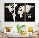N50Black-MGV-CV-36X24-Framed Black and White World Map Canvas Print | 3-Panel Ready to Hang Wall Art for Modern Home Decor | Bold Global Style for Office Decor