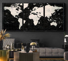 N50Black-MGV-CV-36X24-Framed Black and White World Map Canvas Print | 3-Panel Ready to Hang Wall Art for Modern Home Decor | Bold Global Style for Office Decor