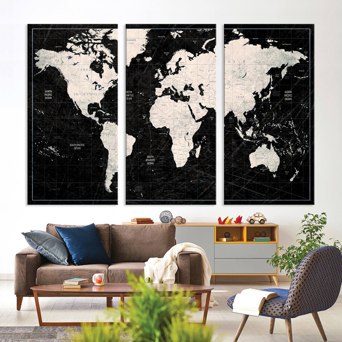 N50Black-MGV-CV-36X24-Framed Black and White World Map Canvas Print | 3-Panel Ready to Hang Wall Art for Modern Home Decor | Bold Global Style for Office Decor