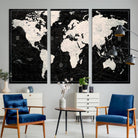 N50Black-MGV-CV-36X24-Framed Black and White World Map Canvas Print | 3-Panel Ready to Hang Wall Art for Modern Home Decor | Bold Global Style for Office Decor