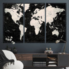 N50Black-MGV-CV-36X24-Framed Black and White World Map Canvas Print | 3-Panel Ready to Hang Wall Art for Modern Home Decor | Bold Global Style for Office Decor