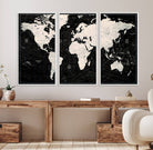 N50Black-MGV-CV-36X24-Framed Black and White World Map Canvas Print | 3-Panel Ready to Hang Wall Art for Modern Home Decor | Bold Global Style for Office Decor