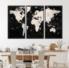 N50Black-MGV-CV-36X24-Framed Black and White World Map Canvas Print | 3-Panel Ready to Hang Wall Art for Modern Home Decor | Bold Global Style for Office Decor