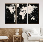 N50Black-MGV-CV-36X24-Framed Black and White World Map Canvas Print | 3-Panel Ready to Hang Wall Art for Modern Home Decor | Bold Global Style for Office Decor