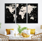 N50Black-MGV-CV-36X24-Framed Black and White World Map Canvas Print | 3-Panel Ready to Hang Wall Art for Modern Home Decor | Bold Global Style for Office Decor