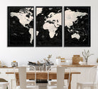 N50Black-MGV-CV-36X24-Framed Black and White World Map Canvas Print | 3-Panel Ready to Hang Wall Art for Modern Home Decor | Bold Global Style for Office Decor