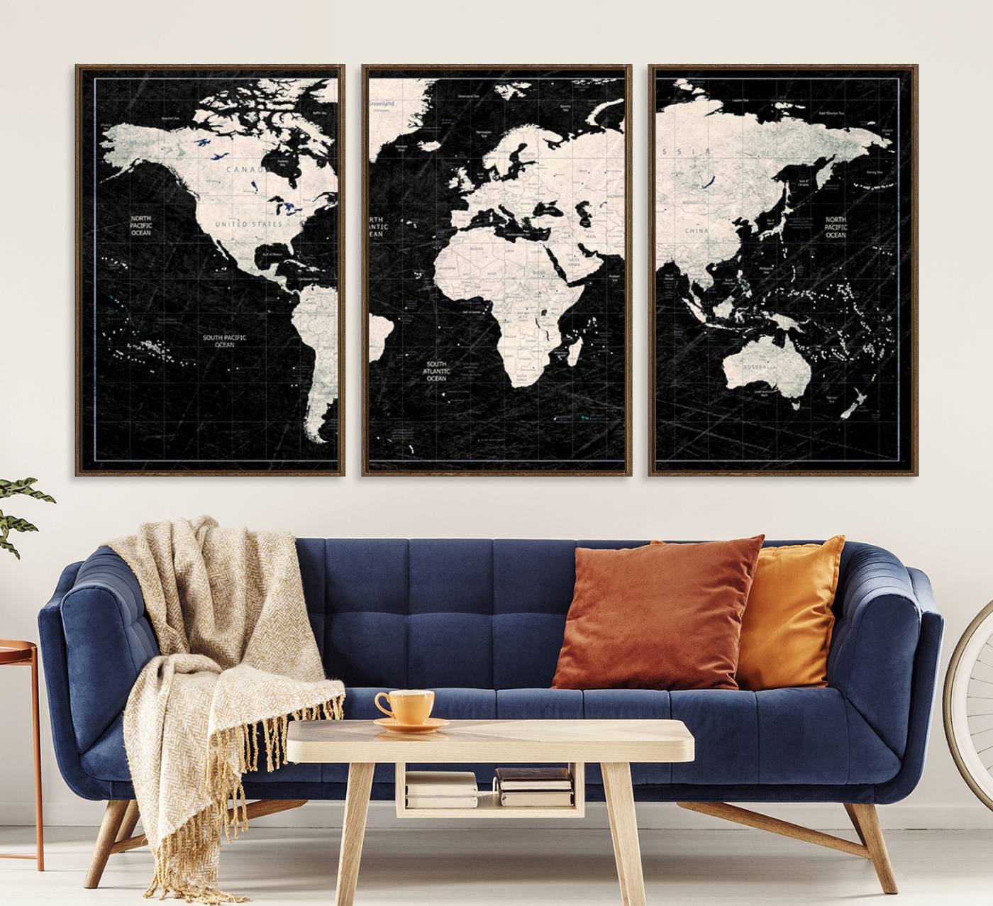 N50Black-MGV-CV-36X24-Framed Black and White World Map Canvas Print | 3-Panel Ready to Hang Wall Art for Modern Home Decor | Bold Global Style for Office Decor