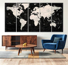 N50Black-MGV-CV-36X24-Framed Black and White World Map Canvas Print | 3-Panel Ready to Hang Wall Art for Modern Home Decor | Bold Global Style for Office Decor