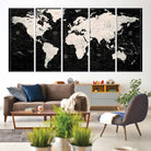 N50Black-MGV-CV-60X31-5P-Framed Black and White World Map Canvas Print | 3-Panel Ready to Hang Wall Art for Modern Home Decor | Bold Global Style for Office Decor