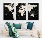 N50Black-MGV-CV-36X24-Framed Black and White World Map Canvas Print | 3-Panel Ready to Hang Wall Art for Modern Home Decor | Bold Global Style for Office Decor