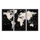 N50Black-MGV-FC-48X32-3P_Black-Framed Black and White World Map Canvas Print | 3-Panel Ready to Hang Wall Art for Modern Home Decor | Bold Global Style for Office Decor