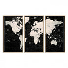 N50Black-MGV-FC-48X32-3P_Natural-Framed Black and White World Map Canvas Print | 3-Panel Ready to Hang Wall Art for Modern Home Decor | Bold Global Style for Office Decor