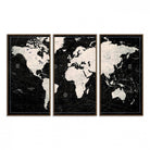 N50Black-MGV-FC-48X32-3P_Walnut-Framed Black and White World Map Canvas Print | 3-Panel Ready to Hang Wall Art for Modern Home Decor | Bold Global Style for Office Decor
