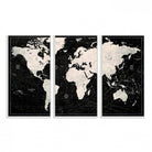 N50Black-MGV-FC-48X32-3P_White-Framed Black and White World Map Canvas Print | 3-Panel Ready to Hang Wall Art for Modern Home Decor | Bold Global Style for Office Decor