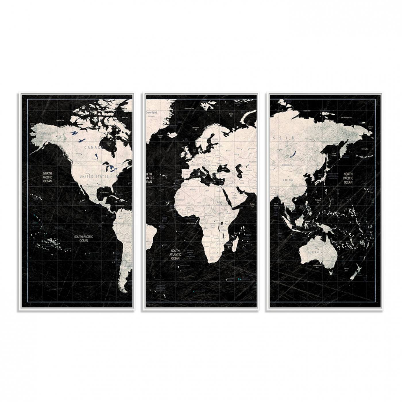 N50Black-MGV-FC-48X32-3P_White-Framed Black and White World Map Canvas Print | 3-Panel Ready to Hang Wall Art for Modern Home Decor | Bold Global Style for Office Decor